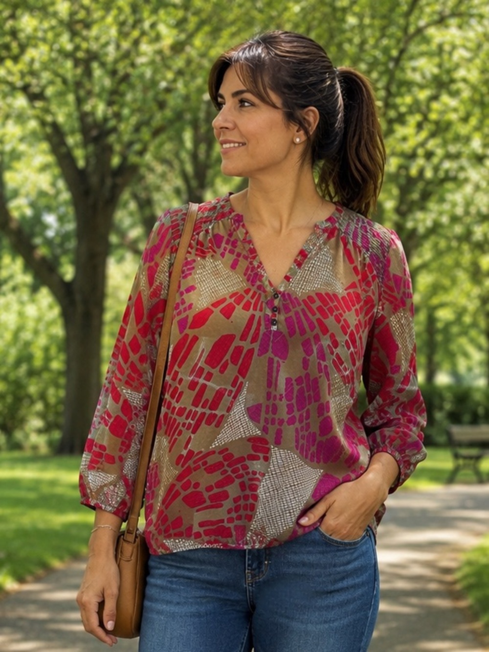 Banana Republic Tan Blouse with Red & Pink Abstract Print